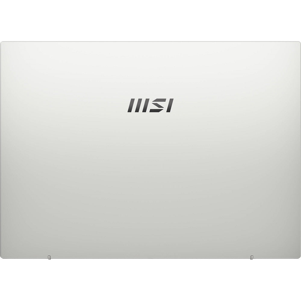 MSI Prestige 14 Evo laptop, silver finish with MSI logo on lid.