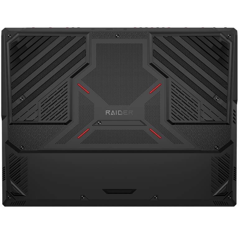 MSI Raider 18 HX gaming laptop back panel in black with red accents and rugged vented chassis