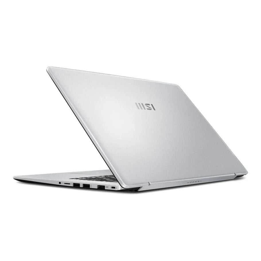 MSI Modern 14 laptop in urban silver with 14in FHD display, Intel Core i7, 16GB RAM, 512GB NVMe, Windows 11 Home.