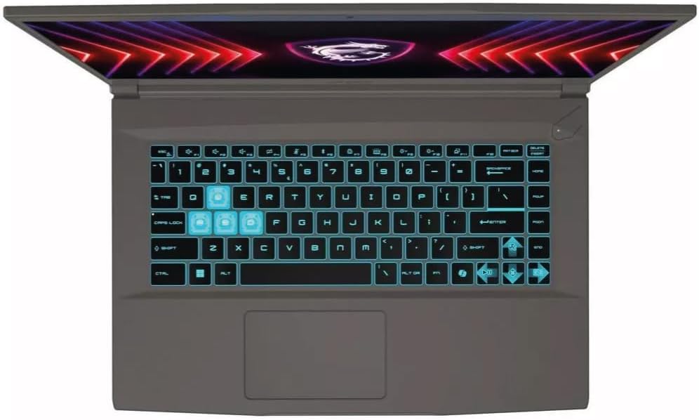 MSI THIN 15 gaming laptop with Intel i5-13420H, gray body and cyan backlit keyboard.