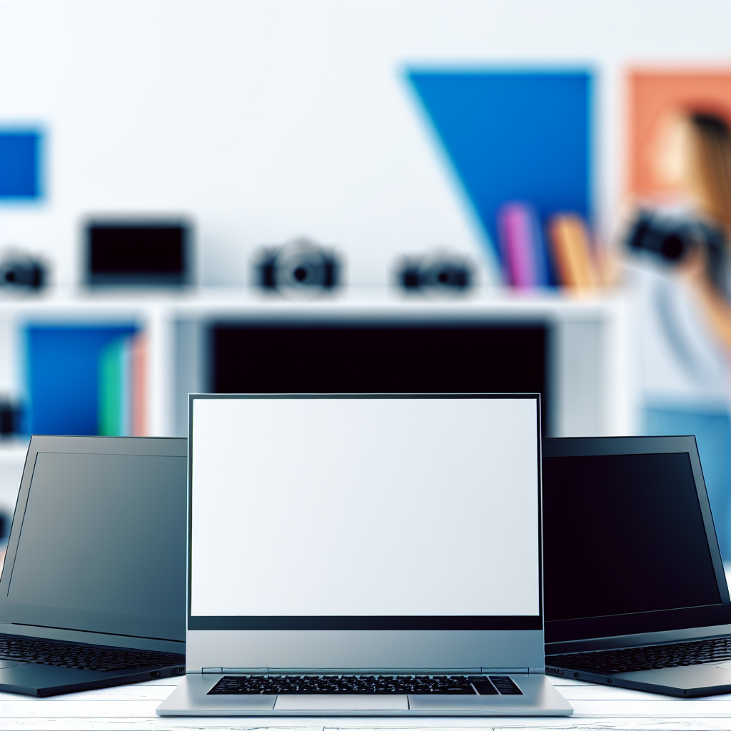 Multiple laptops on a desk in a bright showroom, foreground laptop open with blank screen.