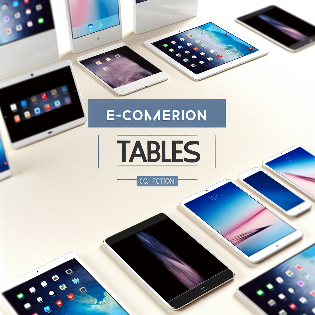 Tablets including iPads and Galaxy Tabs arranged around a central E-COMERION TABLES COLLECTION banner.