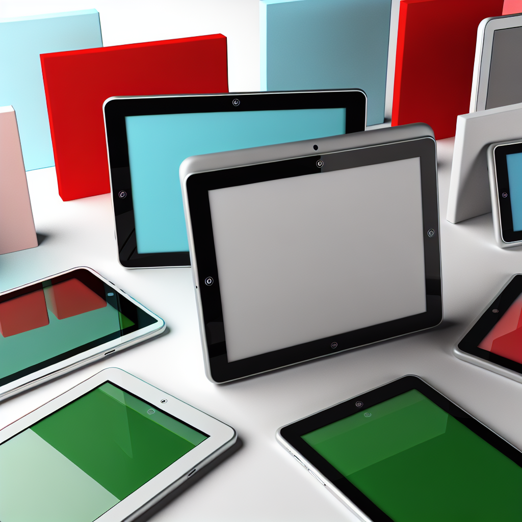 Tablets with touchscreen displays in colorful frames arranged on a white surface.