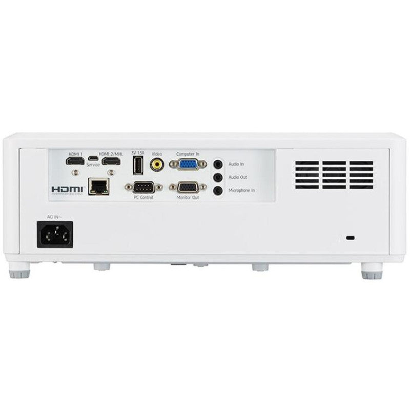 Ricoh DLP projector, white rear view; 4700-lumen WXGA with HDMI 2.0, VGA, audio ports