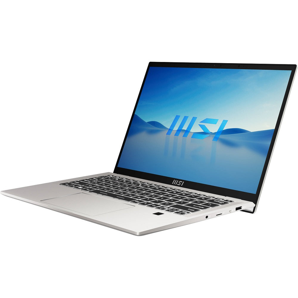 MSI Prestige 14 Evo laptop in silver with 14-inch FHD display, i5 13th Gen, 8GB RAM, 512GB NVMe, Windows 11.
