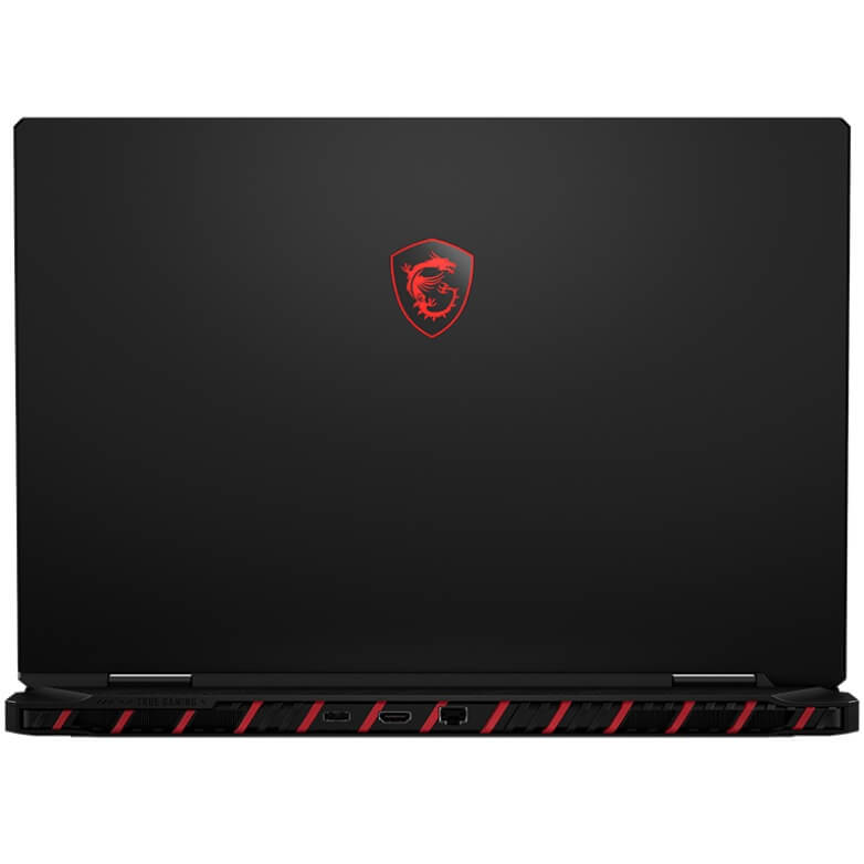MSI Raider 18 HX gaming laptop, black with red vent stripes and MSI dragon shield logo.