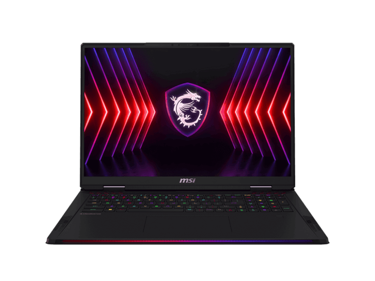 MSI Raider 18 HX gaming laptop with i9-14900HX and 32GB DDR5, black chassis with RGB keyboard