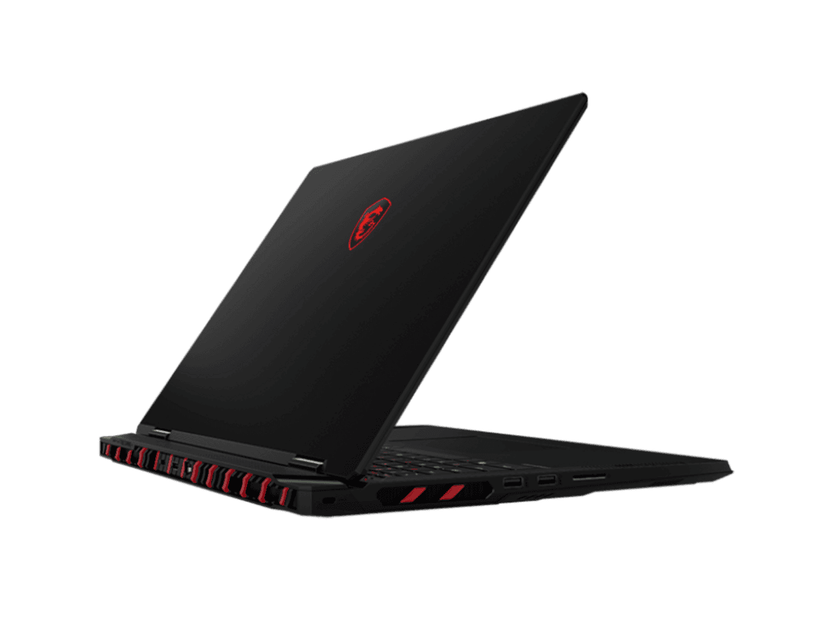 MSI Raider 18 HX gaming laptop in black with red accents, angled open.