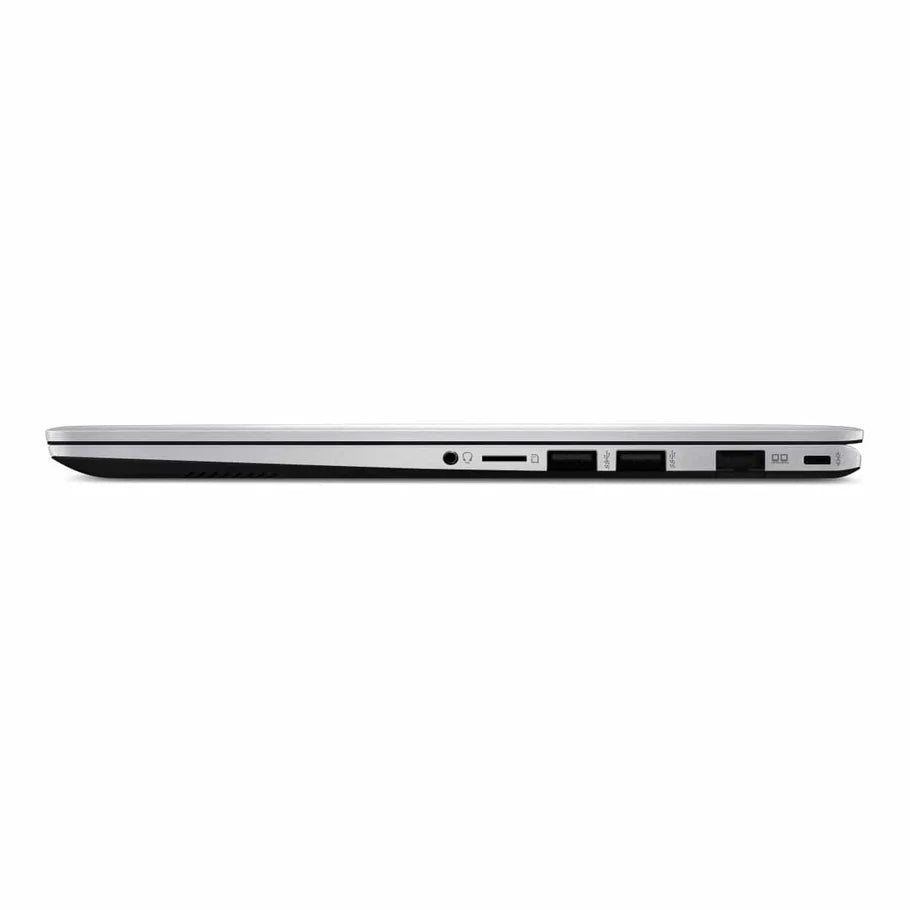 MSI Modern 14 F1MG laptop in urban silver; side ports include audio jack, microSD card reader, and USB-A ports