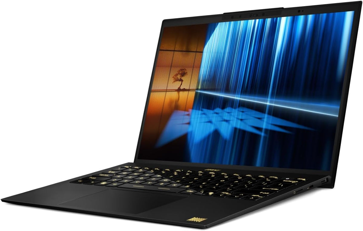 MSI Prestige 13 AI Ukiyoe Edition laptop with OLED 13.3-inch display, black chassis and gold backlit keyboard