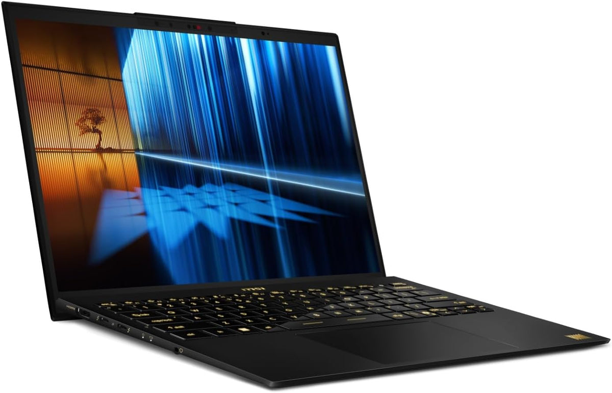 MSI Prestige 13 AI Ukiyoe Edition laptop, black chassis, 13.3-inch OLED 2.8K display.