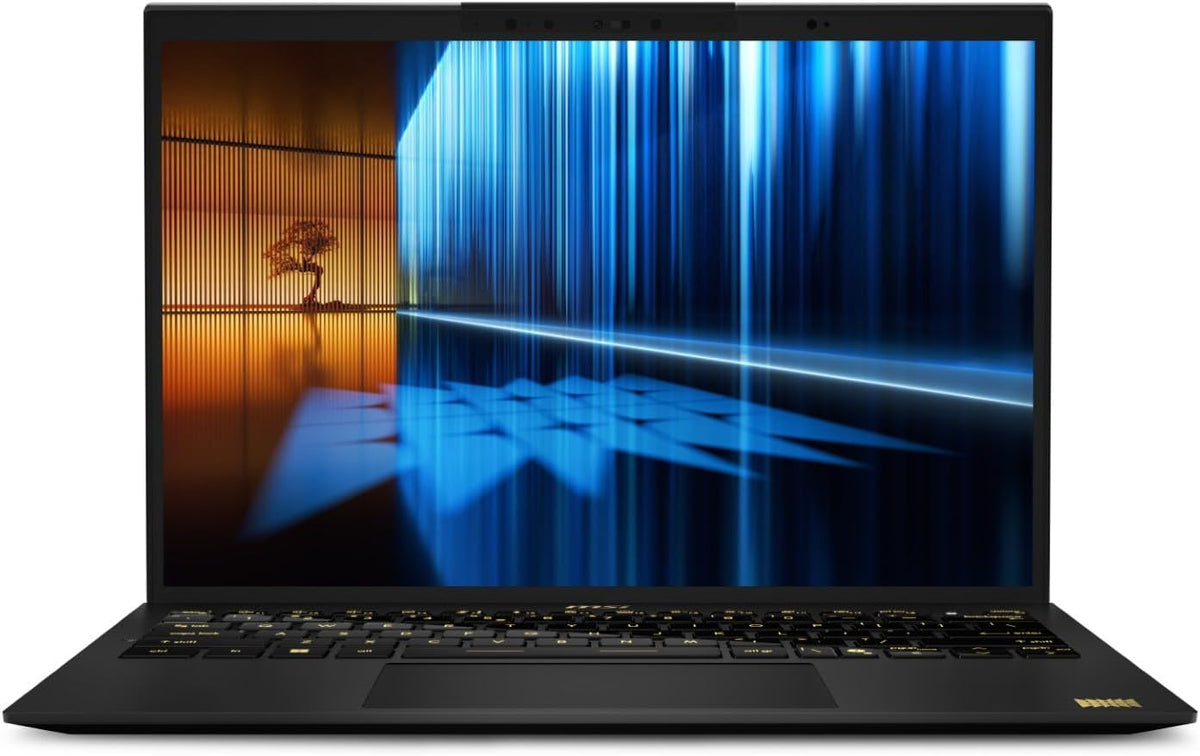 MSI Prestige 13 AI Ukiyoe Edition laptop, black chassis with OLED 13.3-inch display and gold-backlit keyboard