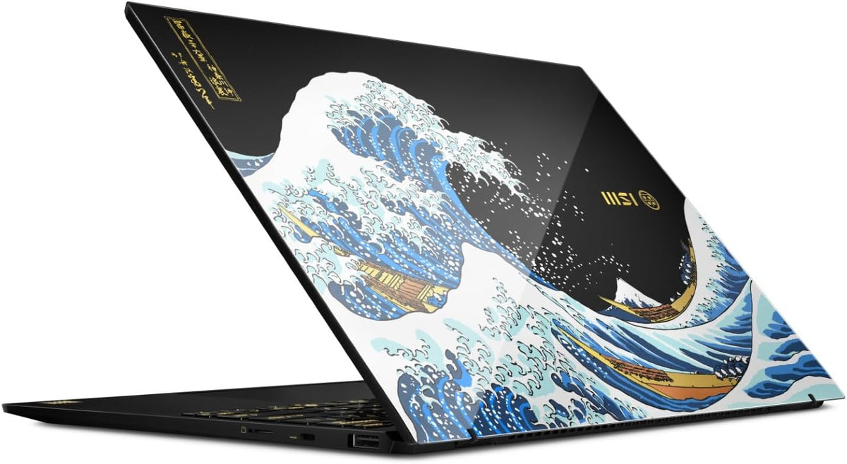 MSI Prestige 13 AI Ukiyoe Edition laptop with Great Wave-inspired artwork on a black lid; MSI logo visible