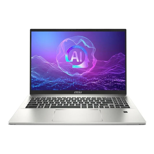 MSI Prestige A16 AI Plus gaming laptop, silver, 16-inch QHD 165Hz display.