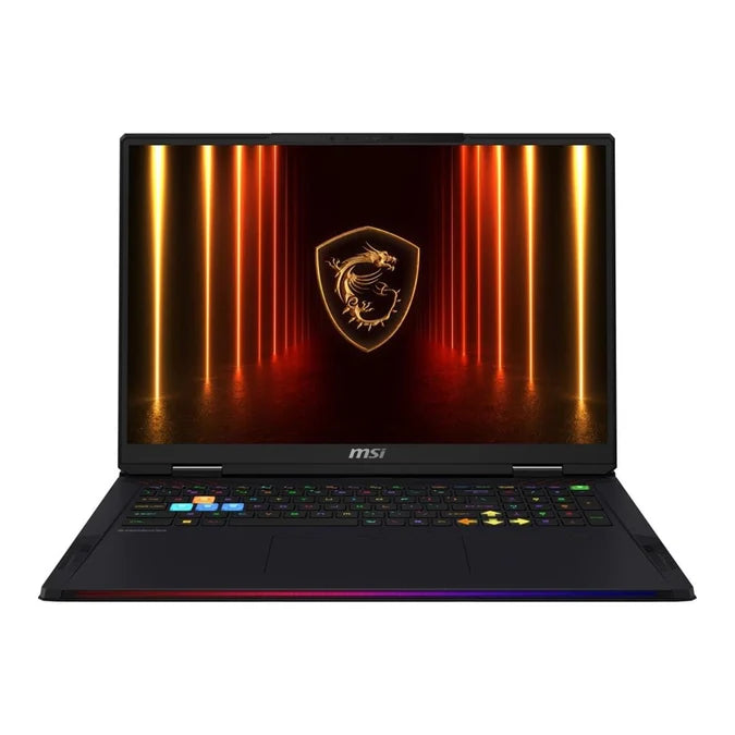 MSI Raider 18HX gaming laptop with 18-inch UHD MiniLED display, RGB keyboard, black chassis