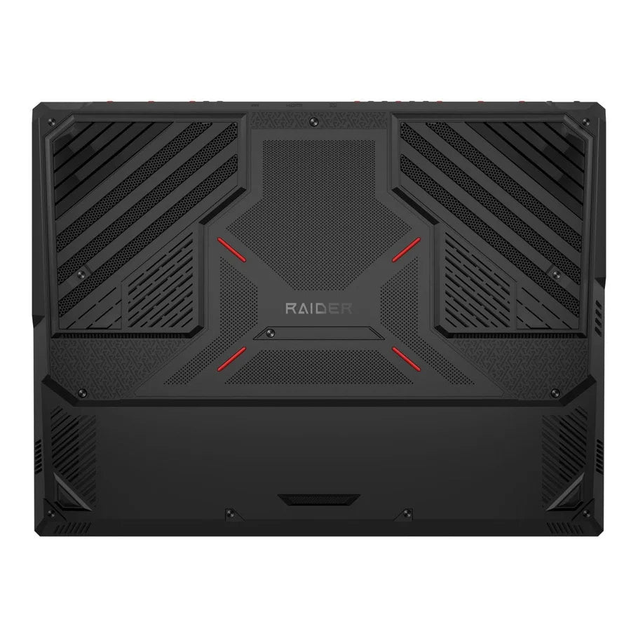 MSI Raider 18 HX gaming laptop back panel in rugged black with red accents and RAIDER branding