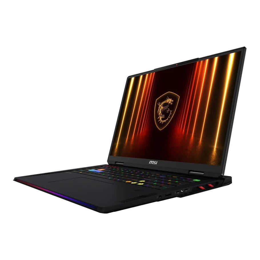 MSI Raider 18 HX AI gaming laptop, black chassis with RGB backlit keyboard and 18-inch display.