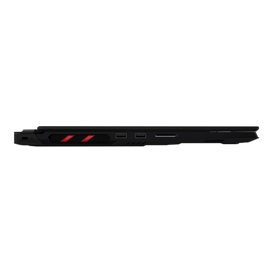 MSI Raider 18 HX AI gaming laptop side profile, black chassis with red vent accents, USB ports visible