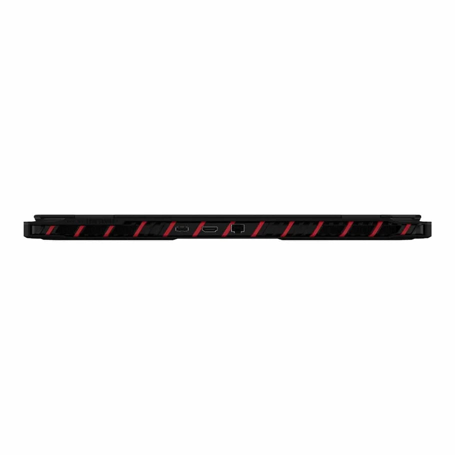 MSI Raider gaming laptop side view with red diagonal vent stripes; USB-C and HDMI ports visible.