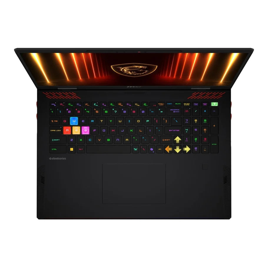 MSI Raider 18 HX AI gaming laptop with black chassis and RGB backlit keyboard