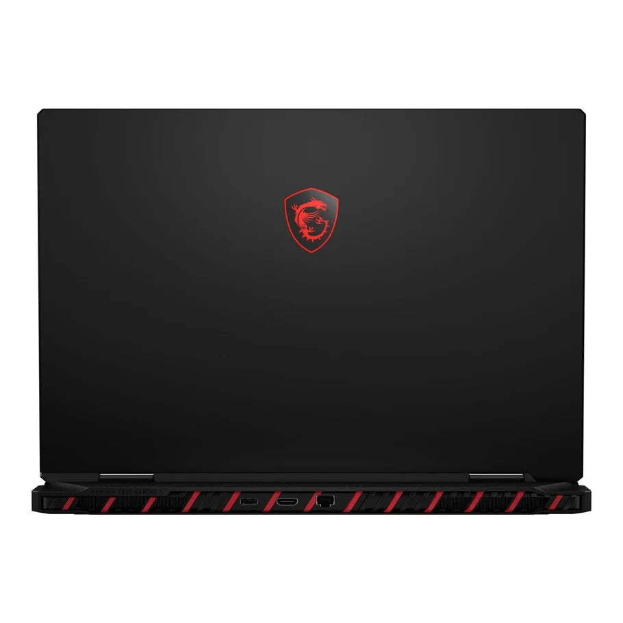 MSI Raider 18 HX AI gaming laptop, closed black lid with red MSI shield logo and red striped vent along the front.