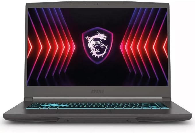 MSI THIN 15 gaming laptop with glowing teal RGB keyboard and dark gray chassis.