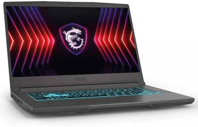 MSI THIN 15 gaming laptop with teal backlit keyboard in a gray chassis