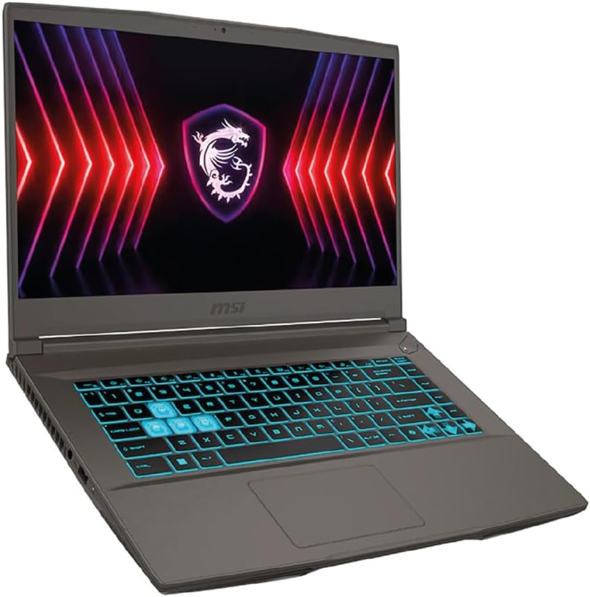 MSI THIN 15 gaming laptop with teal backlit keyboard and gray chassis